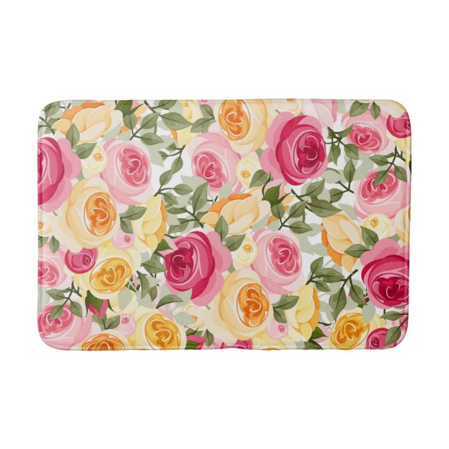 Tapis De Bain Roses rose et jaune Ferme Chic Shabby Chic Floral (Devant)