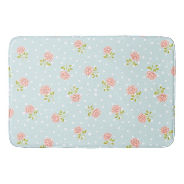 Tapis De Bain Roses roses délicates sur fond à pois bleu clair (Devant)