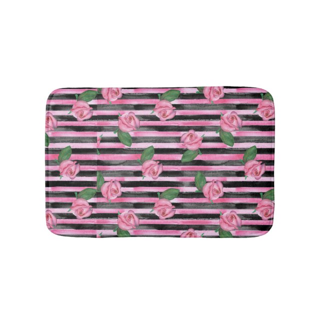 Tapis De Bain Roses roses et rayures noires Ruban (Devant)
