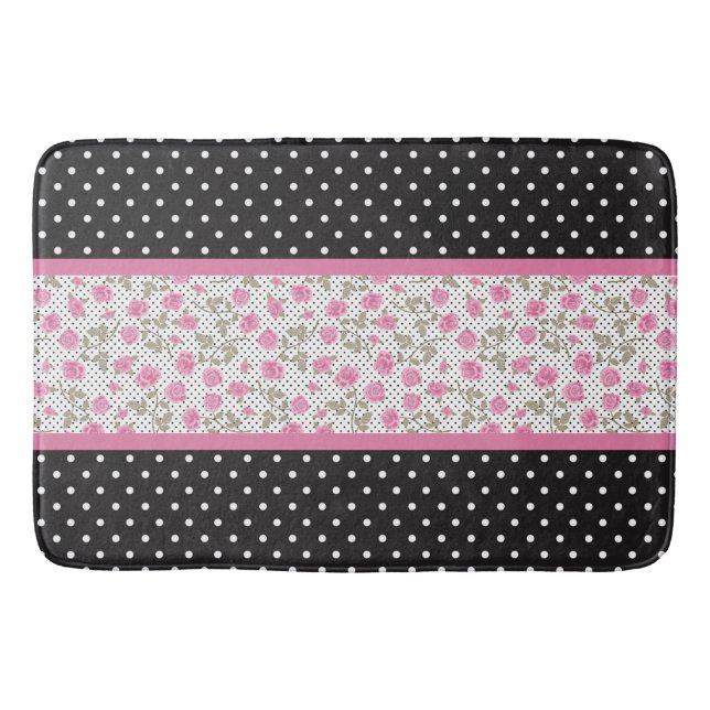Tapis De Bain Roses Roses Roses Et Pois Noirs Et Blancs (Devant)