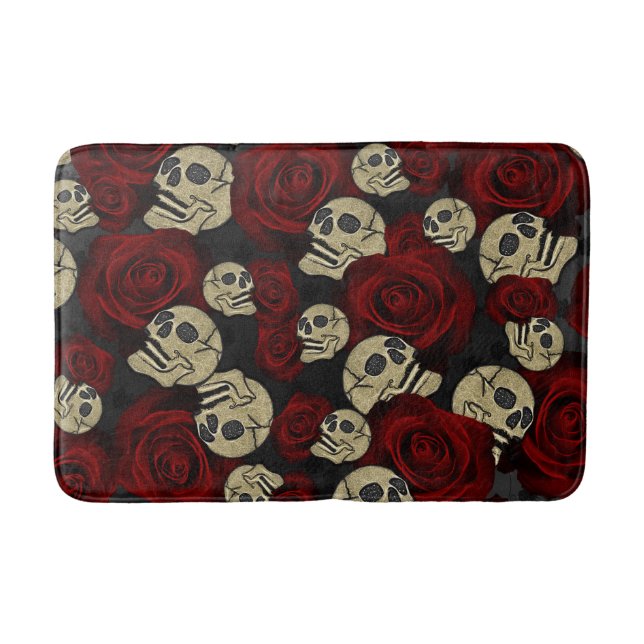 Tapis De Bain Roses rouges et crânes gris floral gothique noir (Devant)