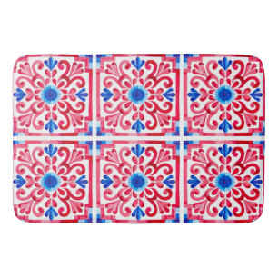 Tapis De Bain Rouge & Bleu Floral Traditionnel Mexicain Talavera