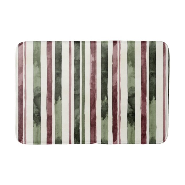 Tapis De Bain Rouge Bourgogne Vert Crème Rayures Noël (Devant)
