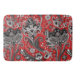 Tapis De Bain Rouge Noir & Blanc Floral Paisley Bohème Boho