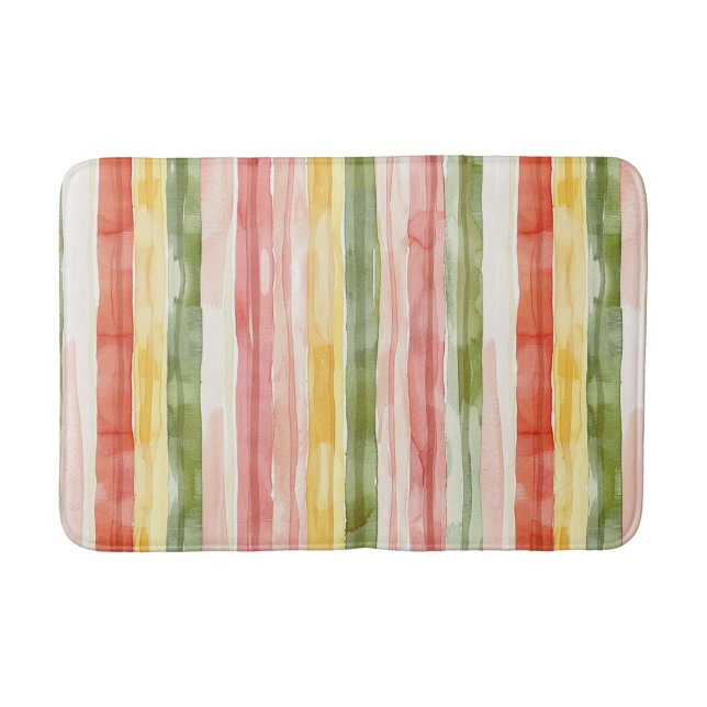 Tapis De Bain Rouge orangé jaune vert rayures   (Devant)