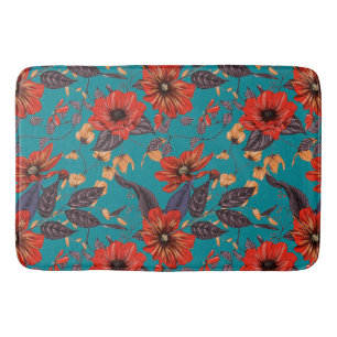 Tapis De Bain Rouge rustique et flore Turquoise
