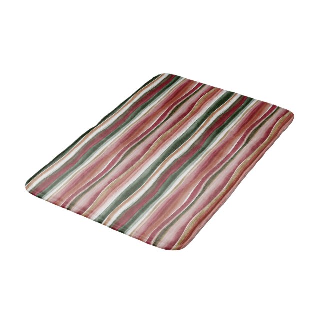 Tapis De Bain Rouge Vert Blush Blanc Or Rayures (Angle)