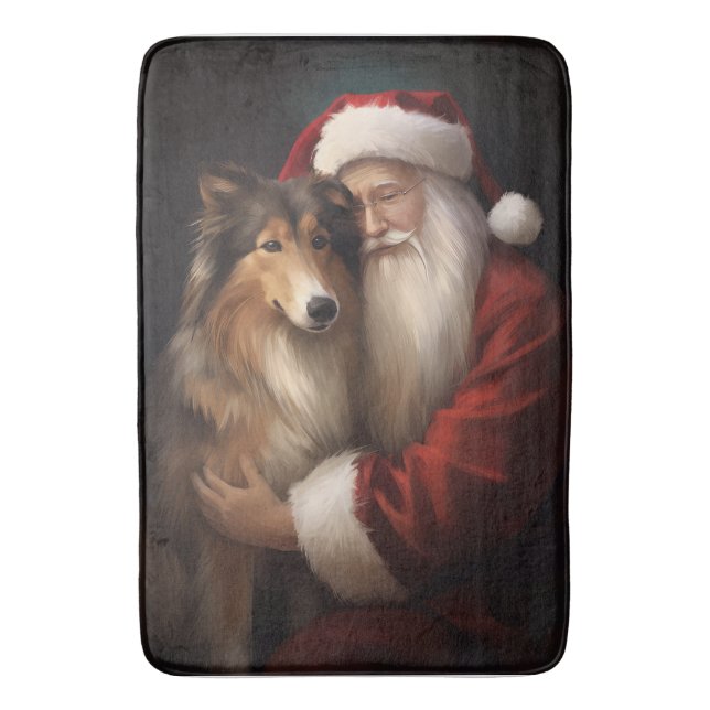 Tapis De Bain Rough Collie Avec Noël Festif Du Père Noël (devant Vertical)