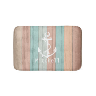 Tapis De Bain Rustique Summer Beach Bois Bandes et Ancres nautiq