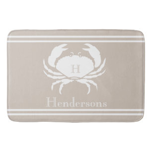 Tapis De Bain Sable Nautique Taupe Crabe Blanc Monogramme Nom S