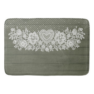 Tapis De Bain Sage Green Rustique Bois et blanc dentelle Lacy Fa