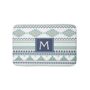 Tapis De Bain Sage & Navy Blue Monogram Motif amérindien