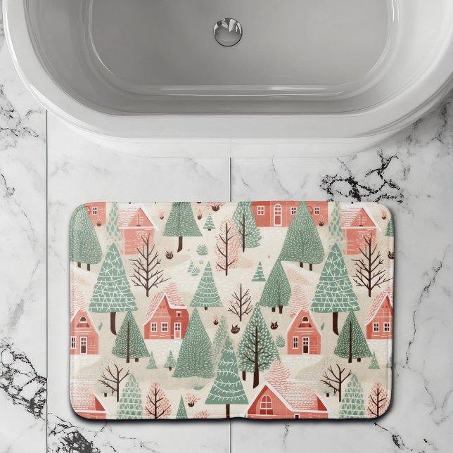Tapis De Bain Sage Vert clair pin rose cônes toits et arbres (Créateur téléchargé)