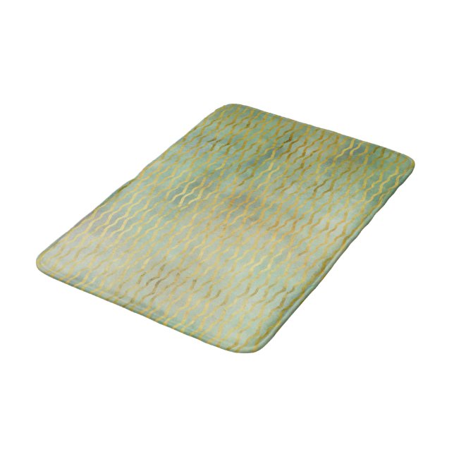 Tapis De Bain Sage Vert & Or Aquarelle Wave Stripes (Angle)