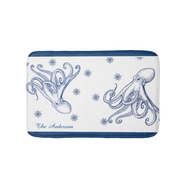Tapis De Bain Salle de bain nautique Océan Marine Bleu Octopus (Devant)