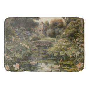Tapis De Bain Scène botanique de cygnes dans un jardin anglais