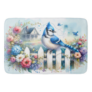 Tapis De Bain Scène de clôture de jardin de cottage Blue Jay