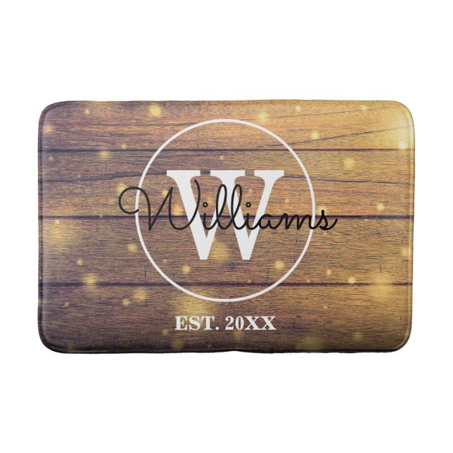 Tapis De Bain Script de monogramme en bois rustique (Devant)