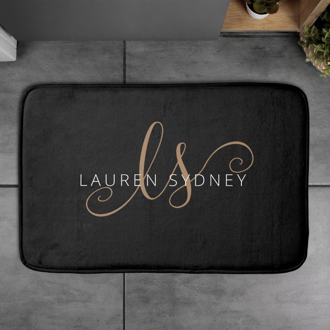 Tapis De Bain Script féminin Black Gold moderne Monogramme (Créateur téléchargé)