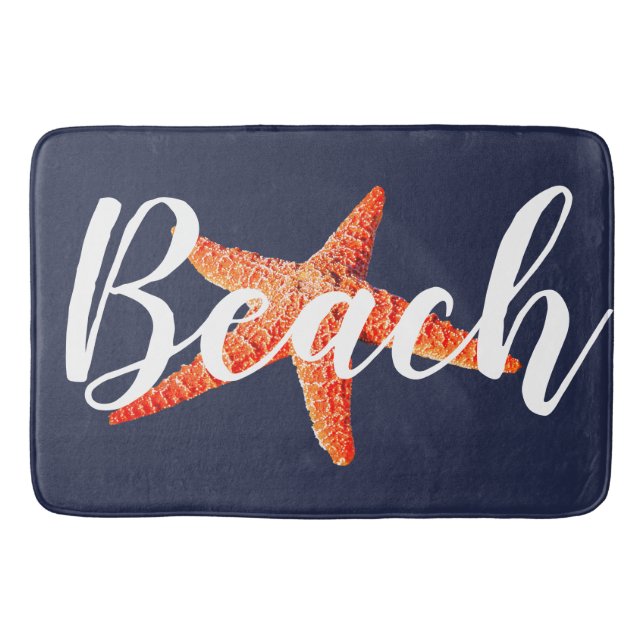 Tapis De Bain Script Nautique de plage Rouge Starfish & Navy (Devant)