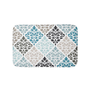 Tapis De Bain Scroll Damask Big Motif Teals Browns White
