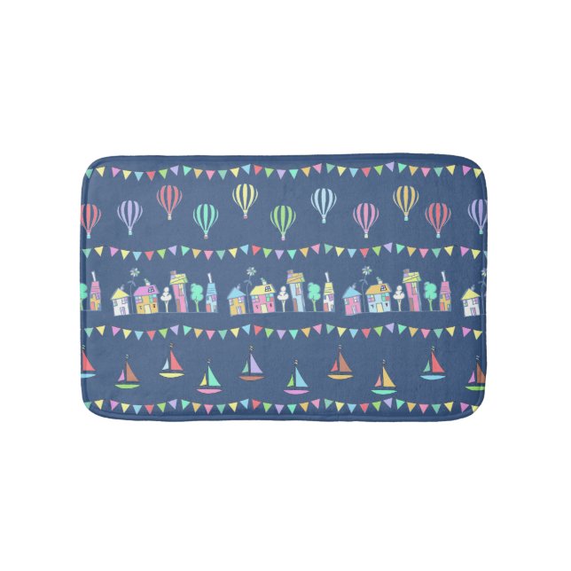 Tapis De Bain Seaside Town Sail Boats and Bunting Pattern Blue (Devant)