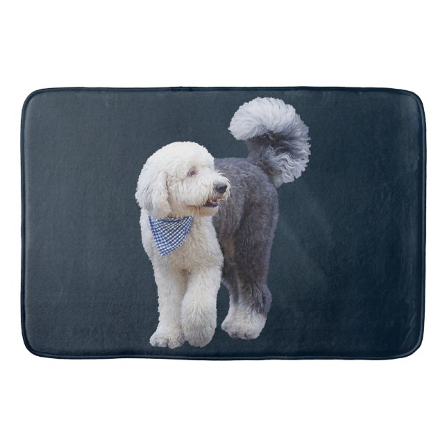 Tapis De Bain Sheepadoodle avec écharpe à carreaux bleus (Devant)