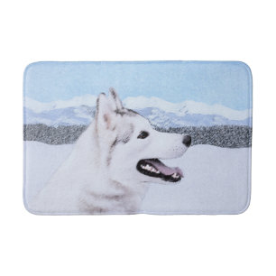 Tapis De Bain Sibérie Husky (argent et blanc) Peinture Chien Art