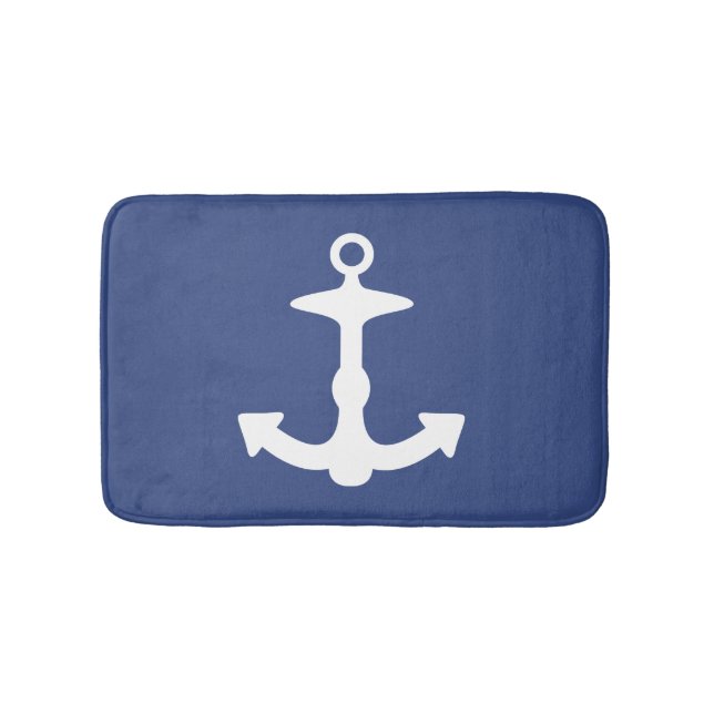 Tapis De Bain Silhouette blanche grande Ancre sur bleu marine (Devant)