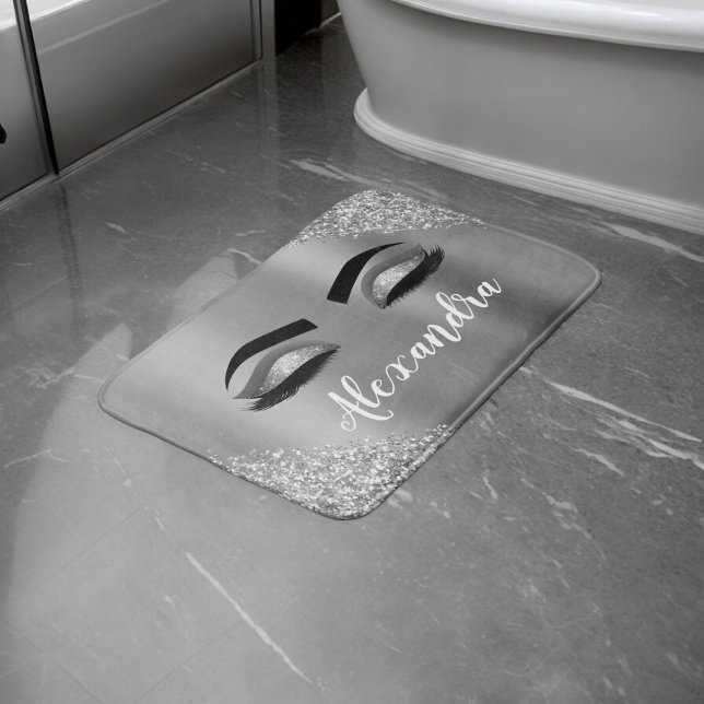 Tapis De Bain Silver Glitter Sparkle Eyelashes Monogram (Créateur téléchargé)