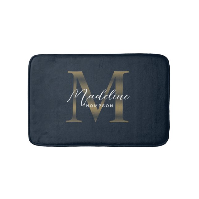 Tapis De Bain Simple Script Métallisé Bleu Nuit Or Monogramme (Devant)