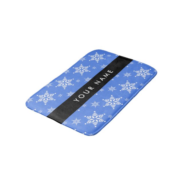Tapis De Bain Snowflakes blanc, Bleu, Votre nom, Personnaliser (Angle)