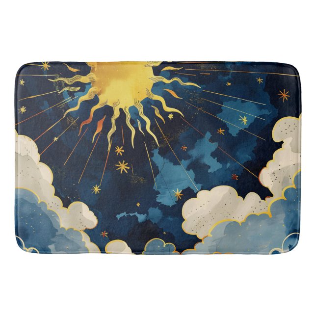 Tapis De Bain Soleil céleste moderne, étoiles et nuages bleus (Devant)