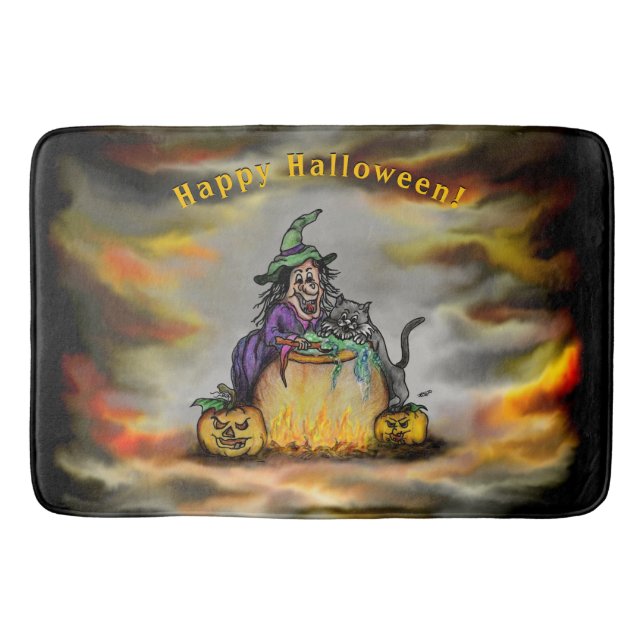 Tapis De Bain Sorcière et chat noir, Happy Halloween ! (Devant)