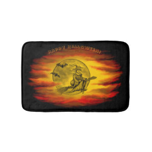 Tapis De Bain Sorcière volante avec chat noir, nuit halloween