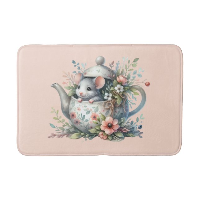 Tapis De Bain Souris mignonne en théière florale Illustration (Devant)
