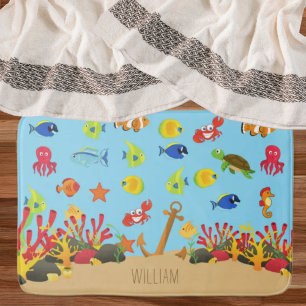 Tapis De Bain Sous l'océan marin Poisson et Ancre Nom de l'enfan
