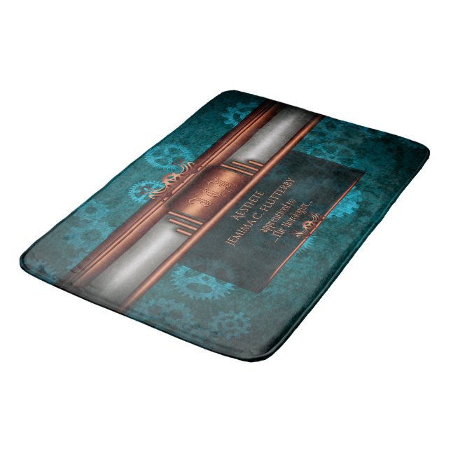 Tapis De Bain Steampunk, cuivre sur roues turquoises, Monogramme (Angle)
