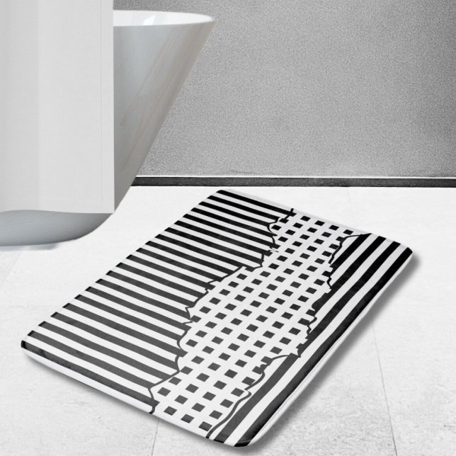 Tapis De Bain Stripes élégantes Carreaux irréguliers Noir & Blan (Stylish Stripes Net Layered Black & White Bath Mat)