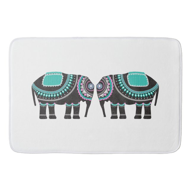 Tapis De Bain Style Black Ornate Elephants Design, bleu moderne (Devant)