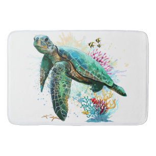 Tapis De Bain Style d'aquarelle sous-marine de tortue marine