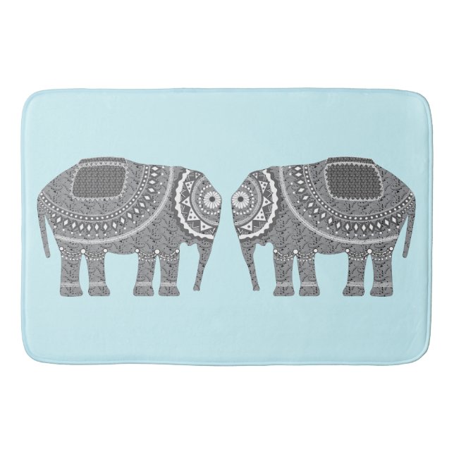 Tapis De Bain Style Gris Ornate Elephants Design, bleu moderne (Devant)