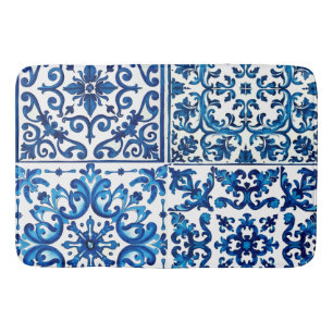 Tapis De Bain style italien, méditerranéen, mosaïque, bleu,