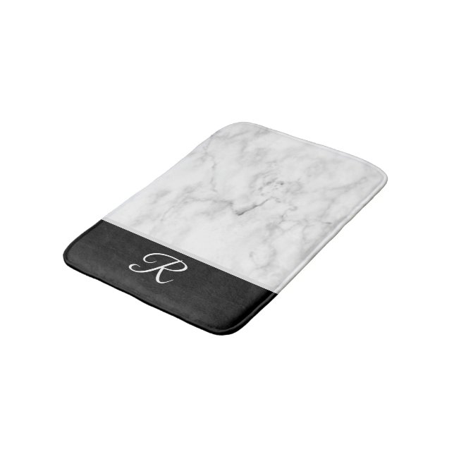 Tapis De Bain Style marbré Noir Blanc Monogramme initial (Angle)