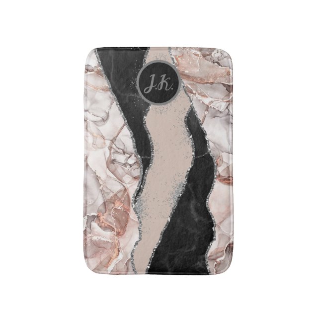 Tapis De Bain Stylo Marine Blue Gold Agate Géode Chic Monogramme (Devant (Vertical))