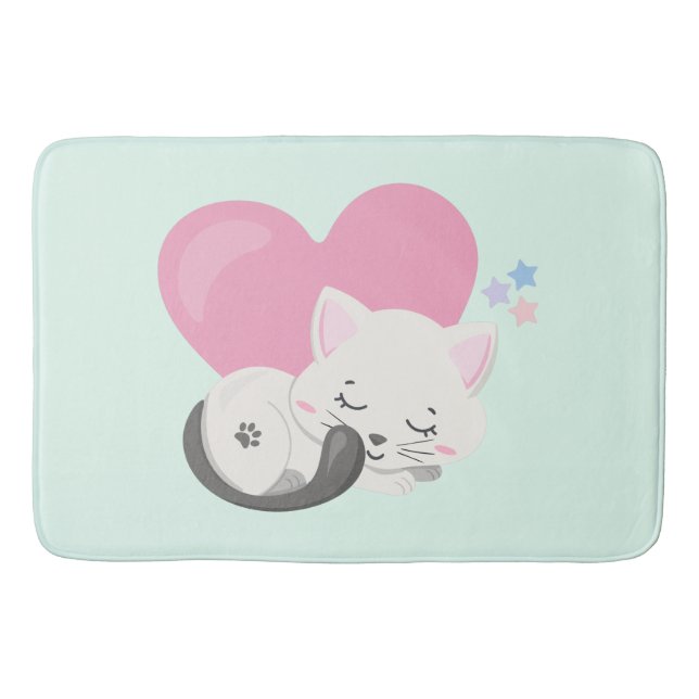 Tapis De Bain Sweet Kitty Chat Dormir avec un grand coeur rose (Devant)