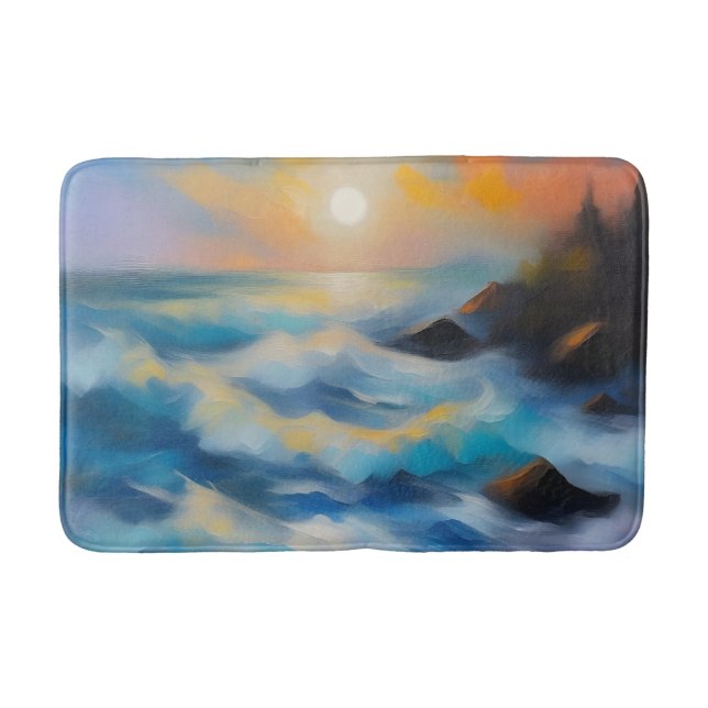 Tapis De Bain Tableau des vagues bleu clair sous le soleil (Devant)
