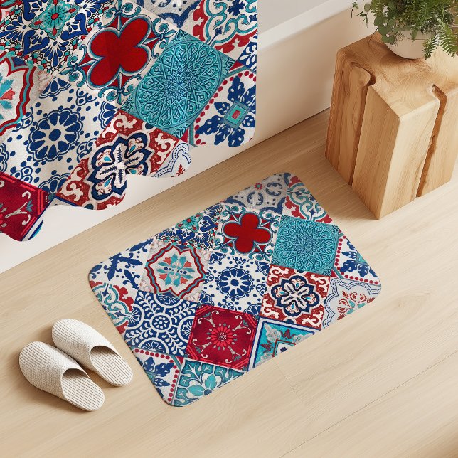 Tapis De Bain Talavera Tles Turquoise Denim Bleu Rouge Blanc  (Créateur téléchargé)
