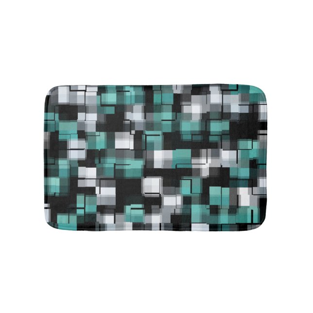 Tapis De Bain Tartan Abstrait Vert Bleu Canard Noir Blanc (Devant)