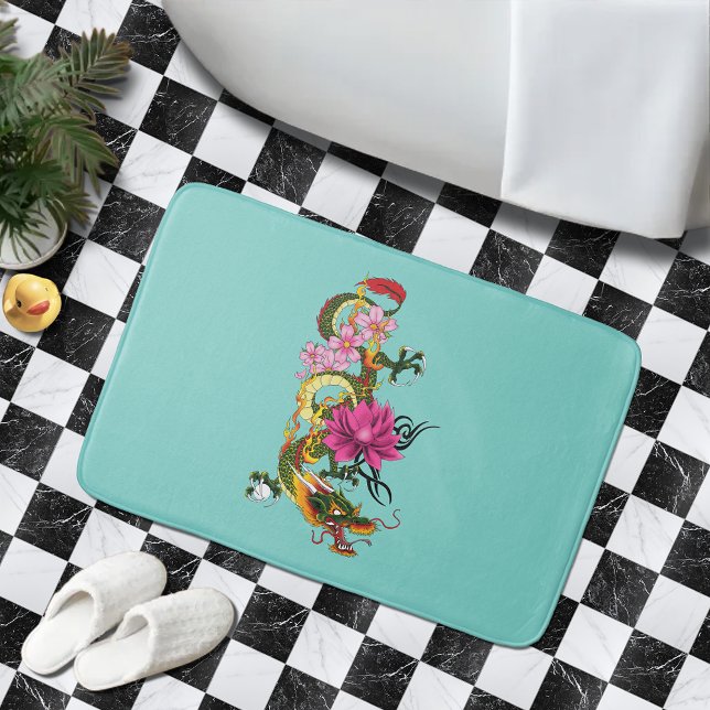 Tapis De Bain Tatouage de dragon chinois vert bold lotus sarcell (Créateur téléchargé)